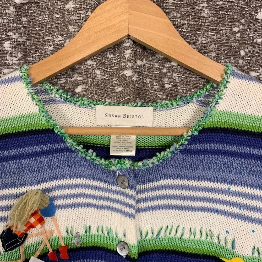 Susan Bristol Womens Short Sleeve Garden Embroidered Cardigan Blue Size M